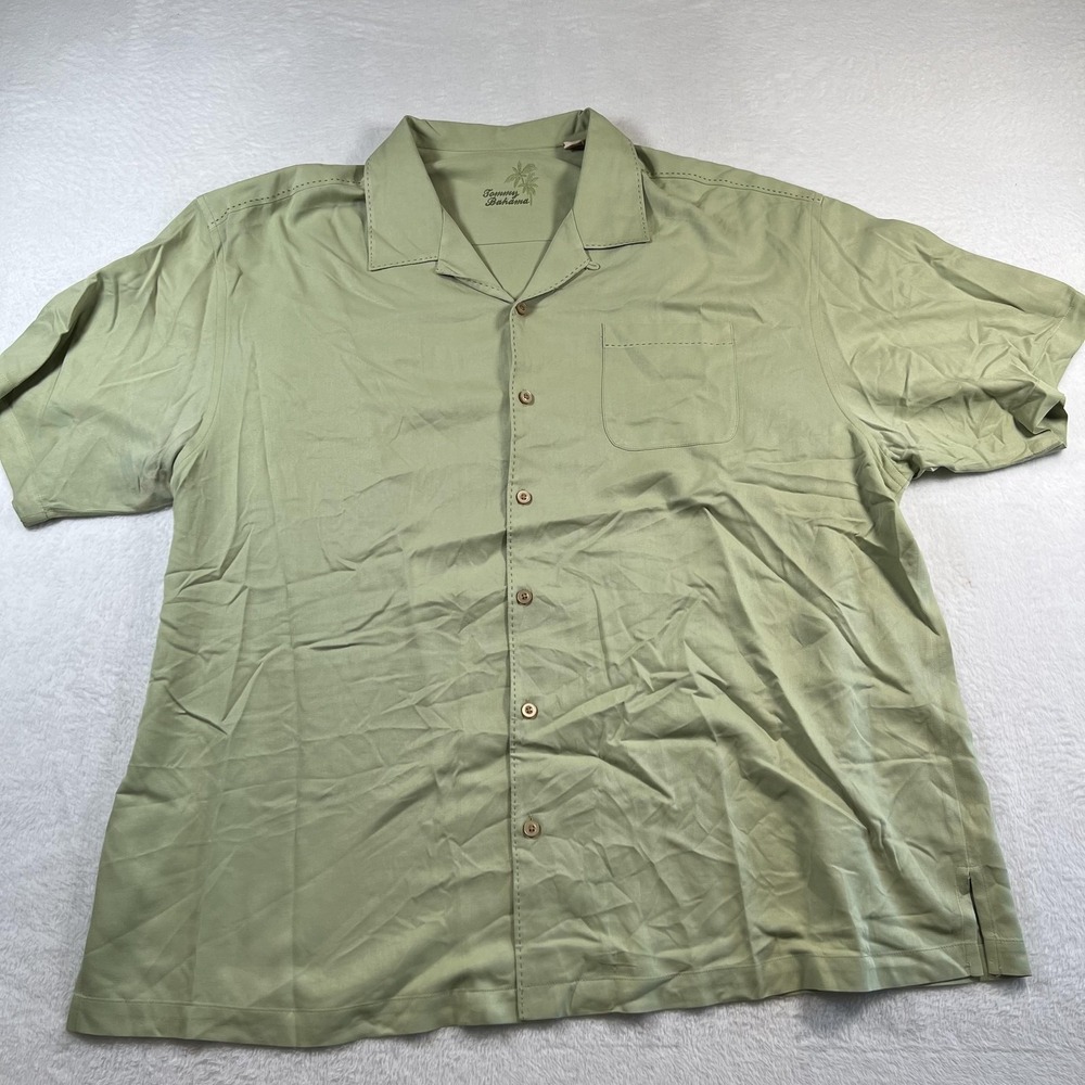 Tommy Bahama Shirt Mens 2XL Green Silk Solid Short Sleeve Button Up Casual